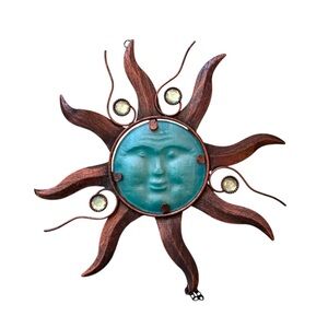 Turquoise Sun Face Wall Art with Copper Rays